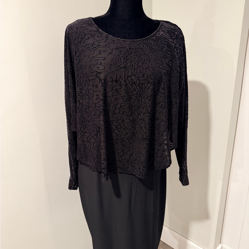 Black Textured Floral Midi Dress - Women's Elegant Long Sleeve